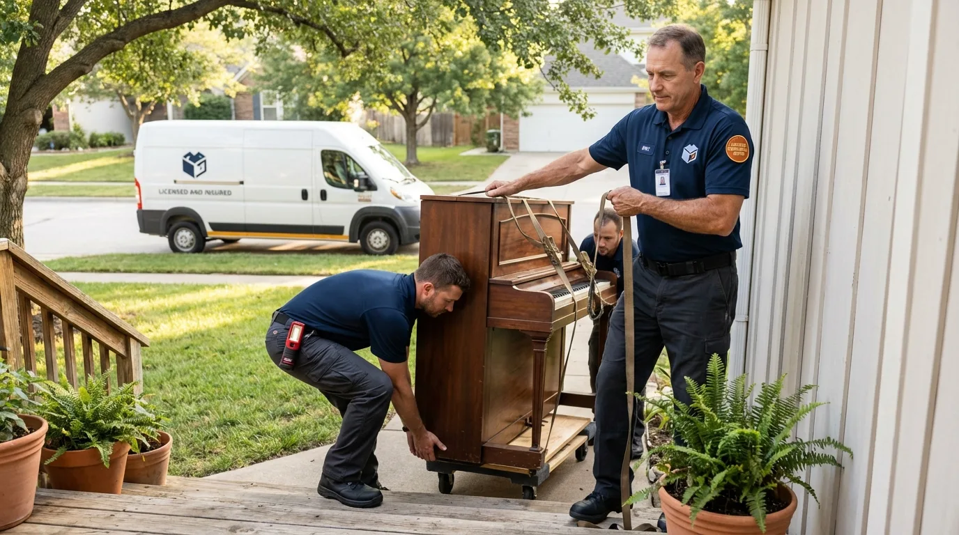 Licensed piano movers securing grand piano in Scottsburg, IN