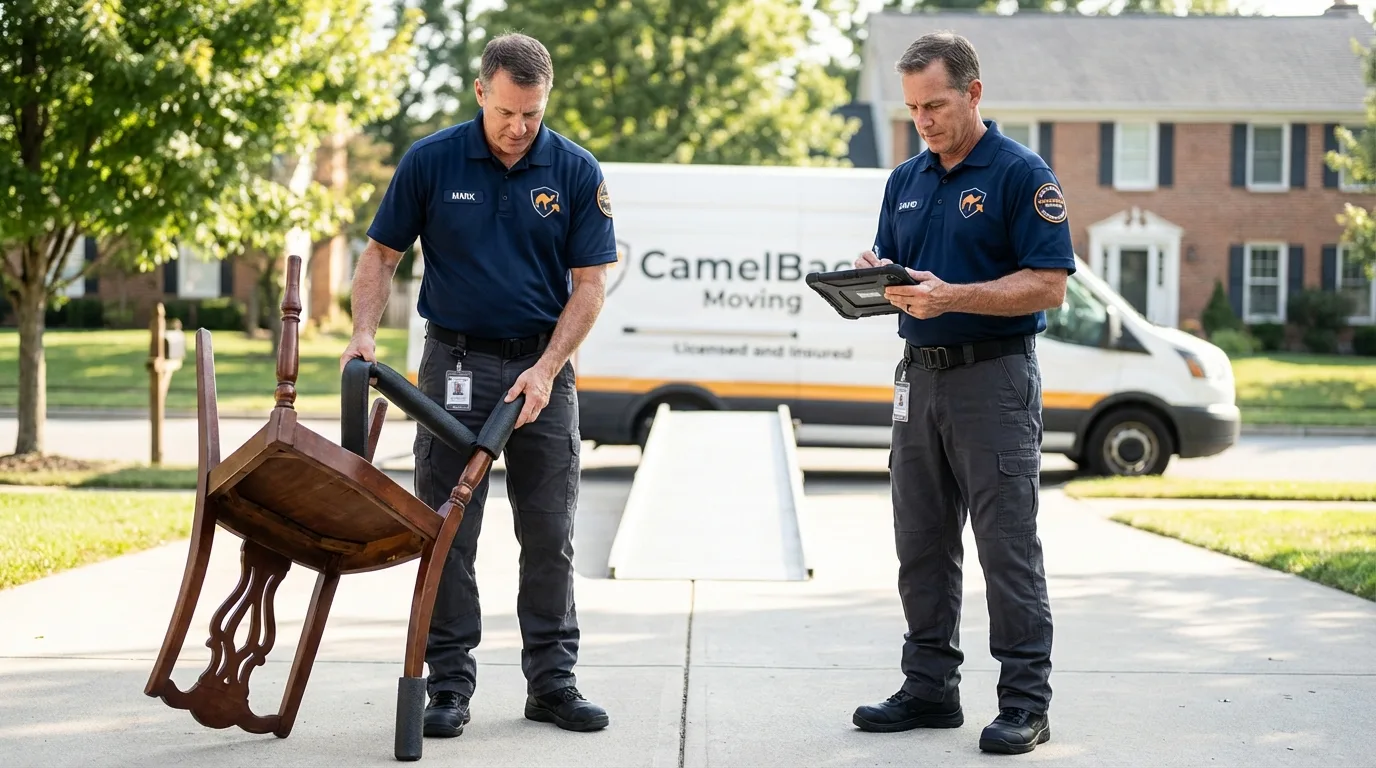 Movers inspecting furniture for damage prevention before loading in Scottsburg, IN