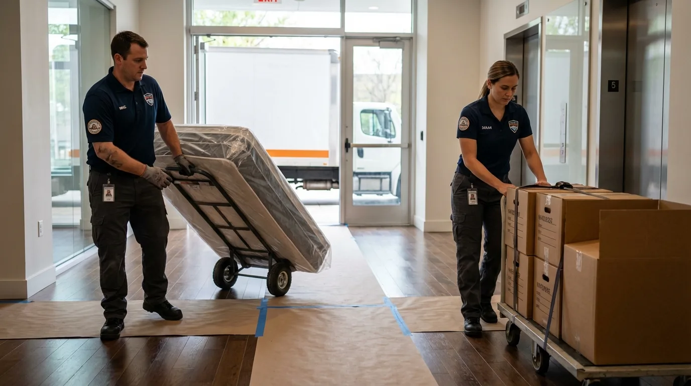 Professional apartment movers loading elevator in Scottsburg, IN