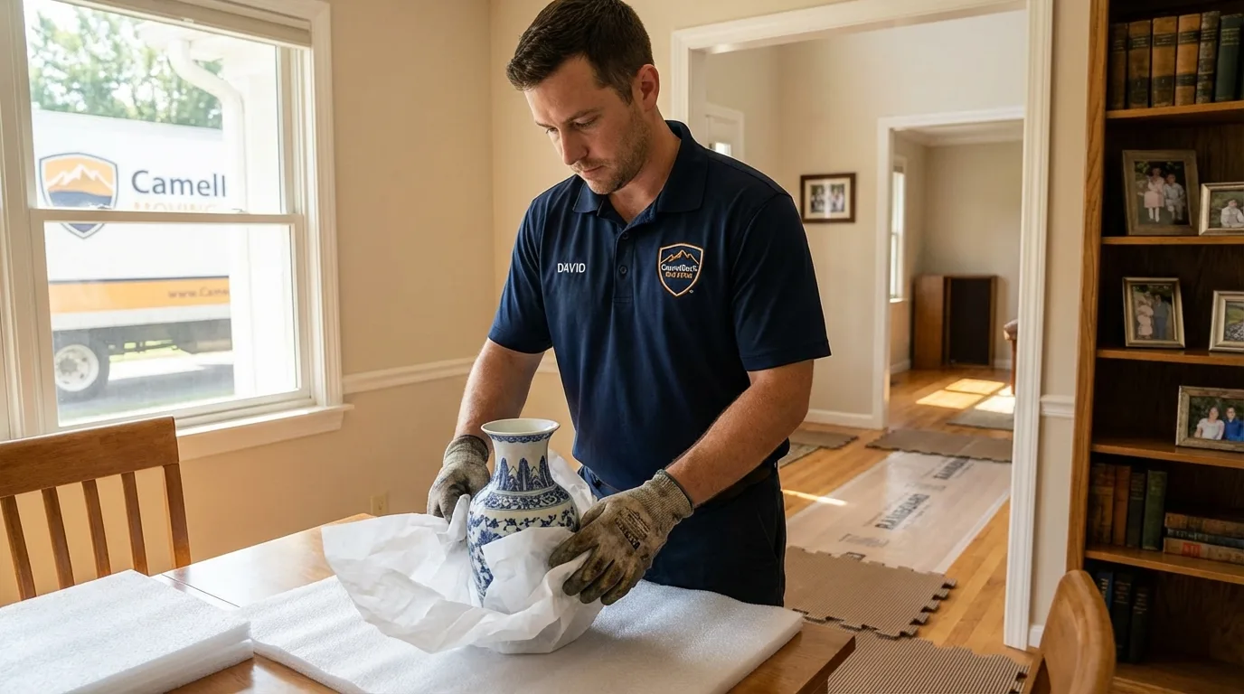 Professional crew carefully wrapping antique vase for senior downsizing move in Scottsburg, IN